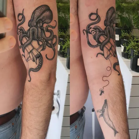 Giant octopus attacking a shuttle (fresh) while astronaut meets a whale (1.5 y/o) both by Matt Oldfield at Palm Black Tattoo in Cape Town, South Africa