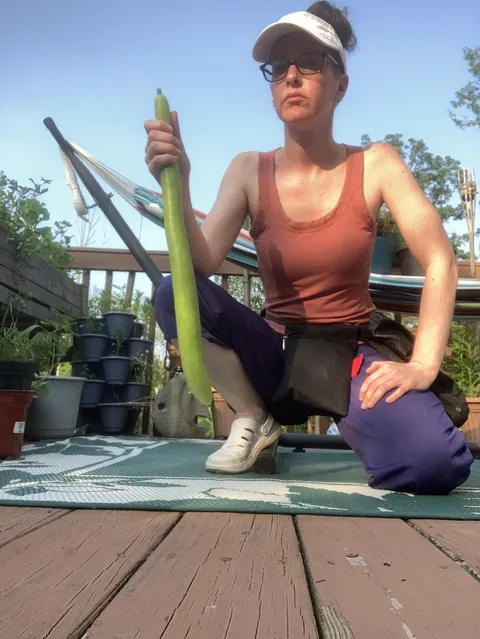 Are we still posing like men with their fish? Here’s my first Cucuzzi squash this season!