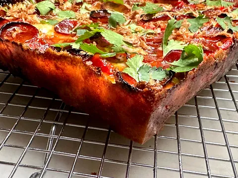 [Homemade] Sweet Chinese Sausage and Peppers Detroit Style Pizza