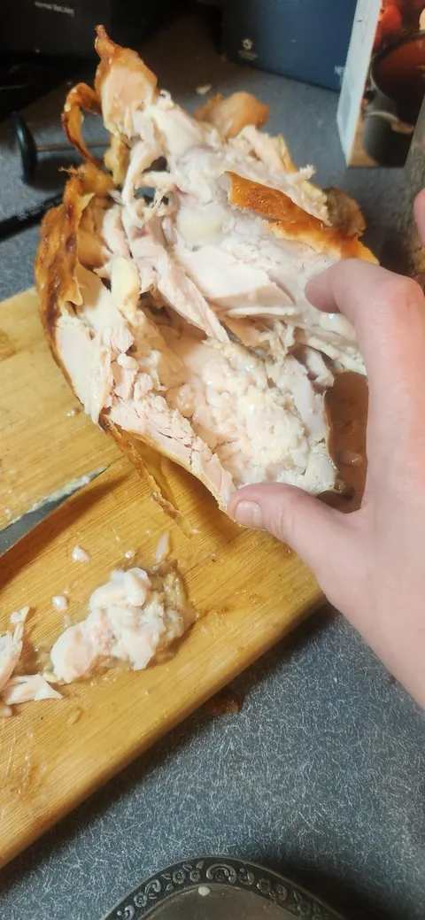 Dry brined a turkey breast, cooked until it reached 160 and let it rest to temp. Cut it open and found this. After we ate the other side.