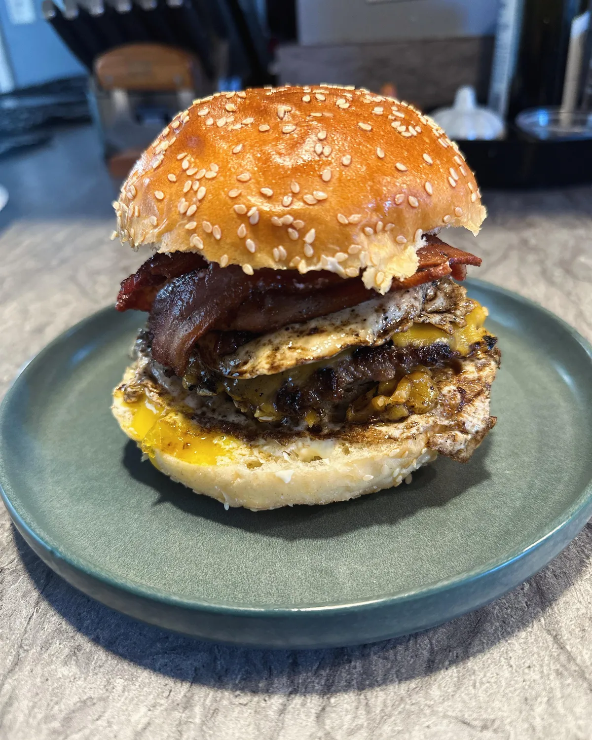 Breakfast burger, I used sausage patties instead of beef 