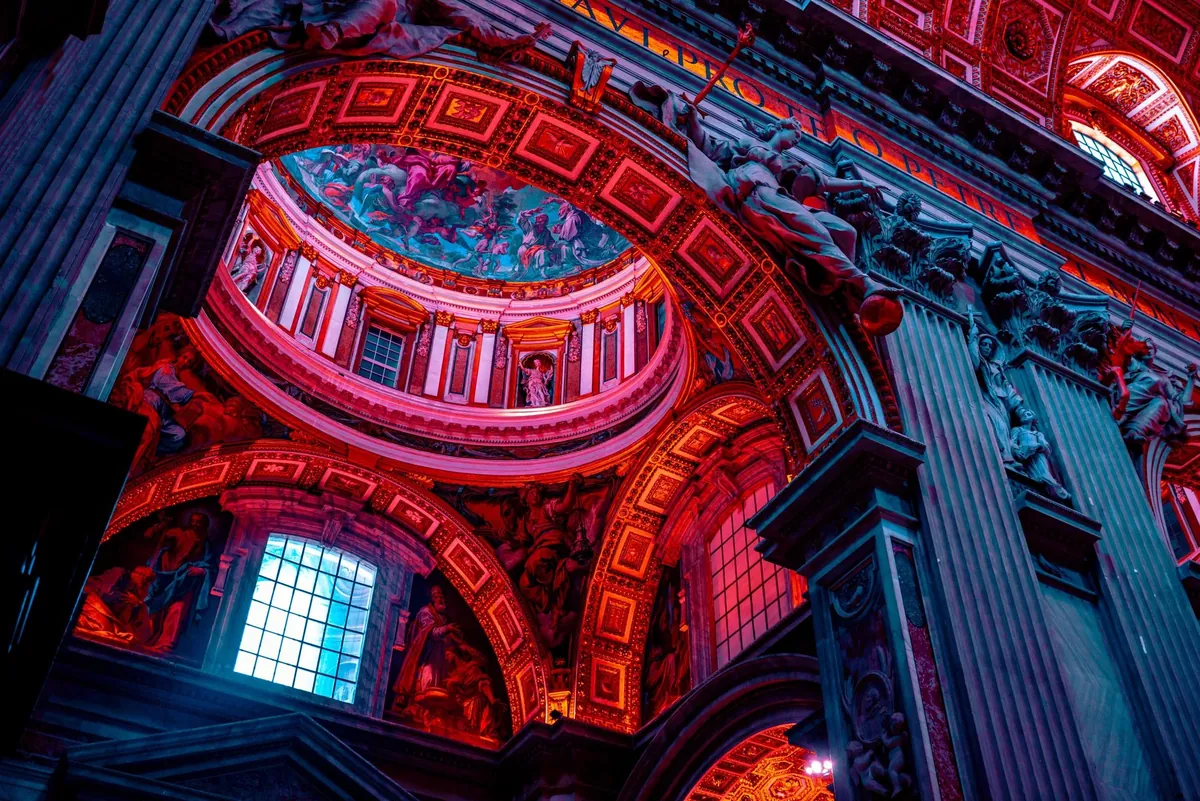 Vatican : St Peter Basilica in red and blue