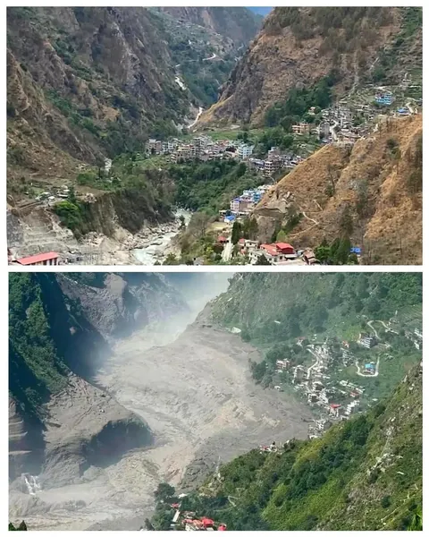 Before and aftermath of the flashflood in Syaprubesi, Nepal