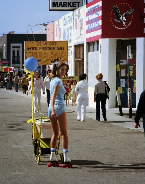 People during the Roller skate craze of the late 1970s. Venice Beach, California.