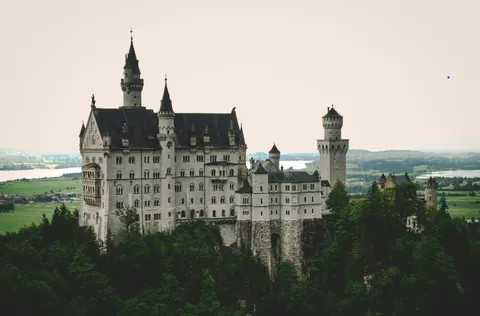 Neuschwanstein Castle in the foothills of the Alps, in Schwangau, Germany, 1884.