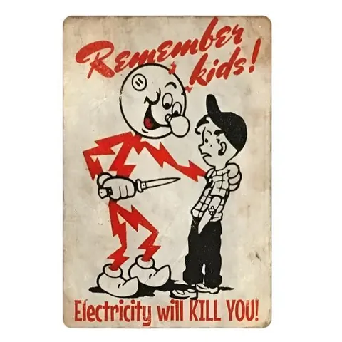 In the 1970s "Reddy Kilowat" was a cartoon character spokesman for the power industry that tried to teach children about the dangers of electricity. Here he is showing kids exactly that but using a knife.
