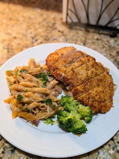 [Homemade] French Onion Pasta with Chicken Milanese