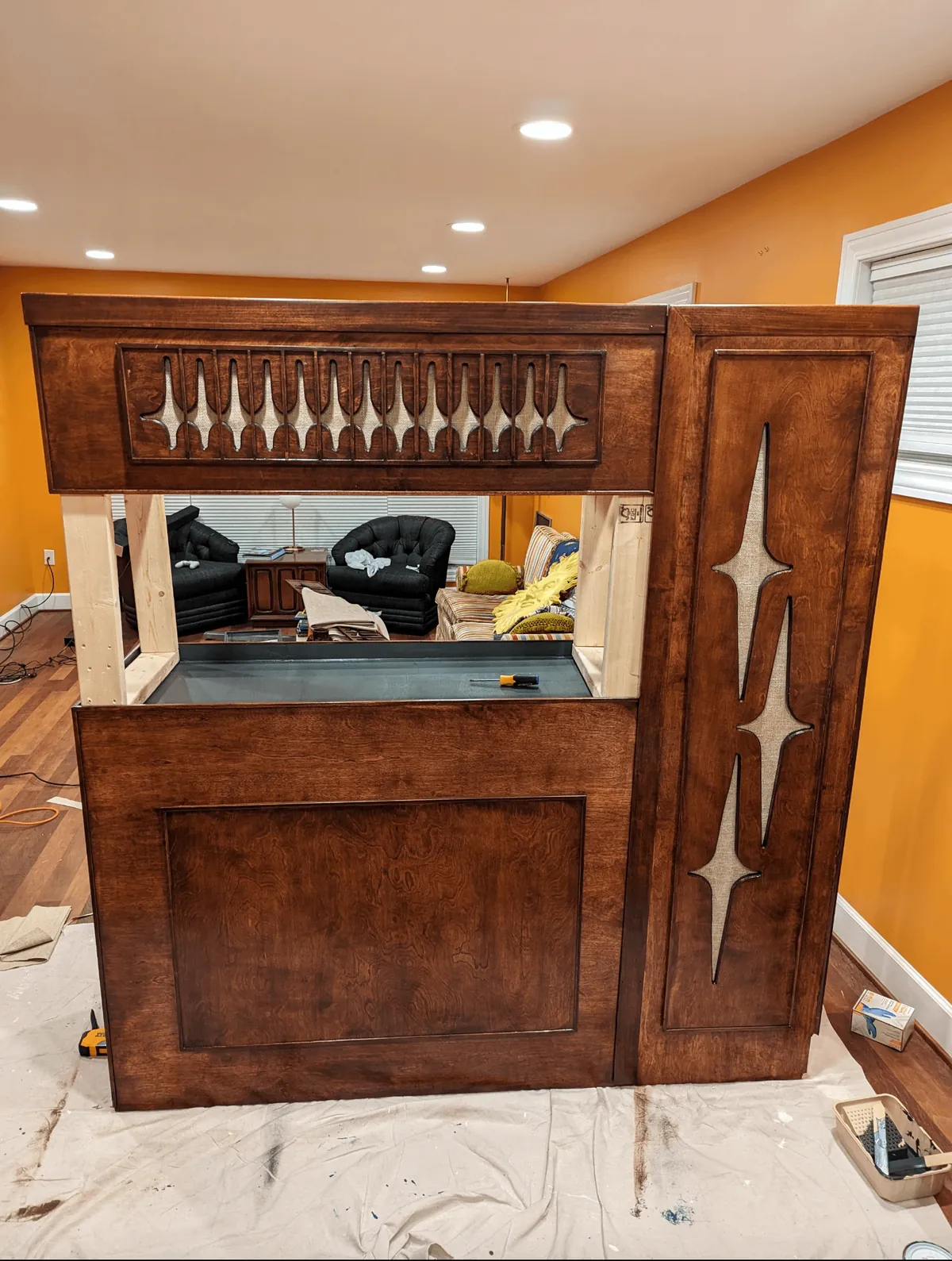 Mid Century-inspired room divider aquarium stand