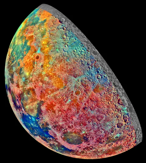 Minerals and Metal - Our Moon in False Color - As seen by The Galileo Spacecraft on its way to Jupiter