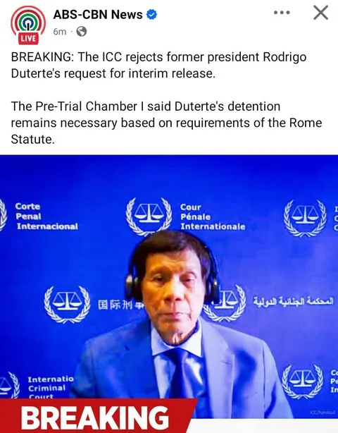 BREAKING: The ICC REJECTS former president Rodrigo Duterte's REQUEST FOR INTERIM RELEASE. The Pre-Trial Chamber I said Duterte's detention remains necessary based on requirements of the Rome Statute.