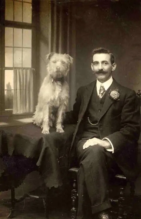 Gentleman pose for photos with their beloved pups, circa 1880-1900