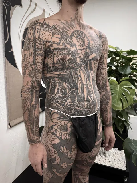 Full body suit in progress made by me (Ivan Zagusta) at Zaraza tattoo shop in Warsaw, PL