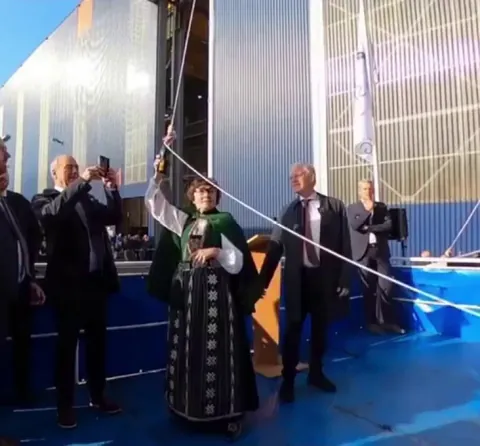 Up close video of hydraulics, wedges and greased skids used to launch a new hybrid ice-capable dry cargo ship in the Netherlands