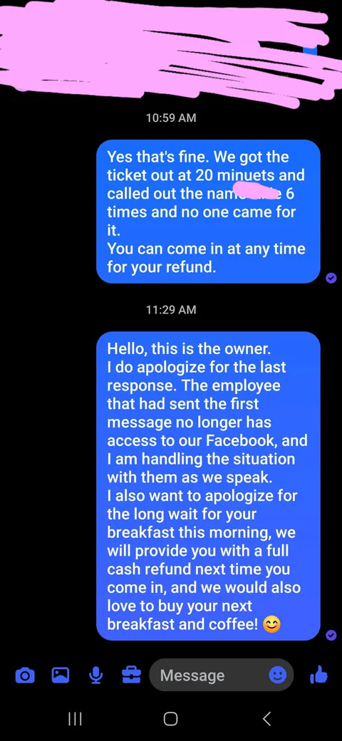 I'm the gm at a restaurant and our owner responded to a customer asking for a refund with these 2 messages.. she does this kinda thing all the time