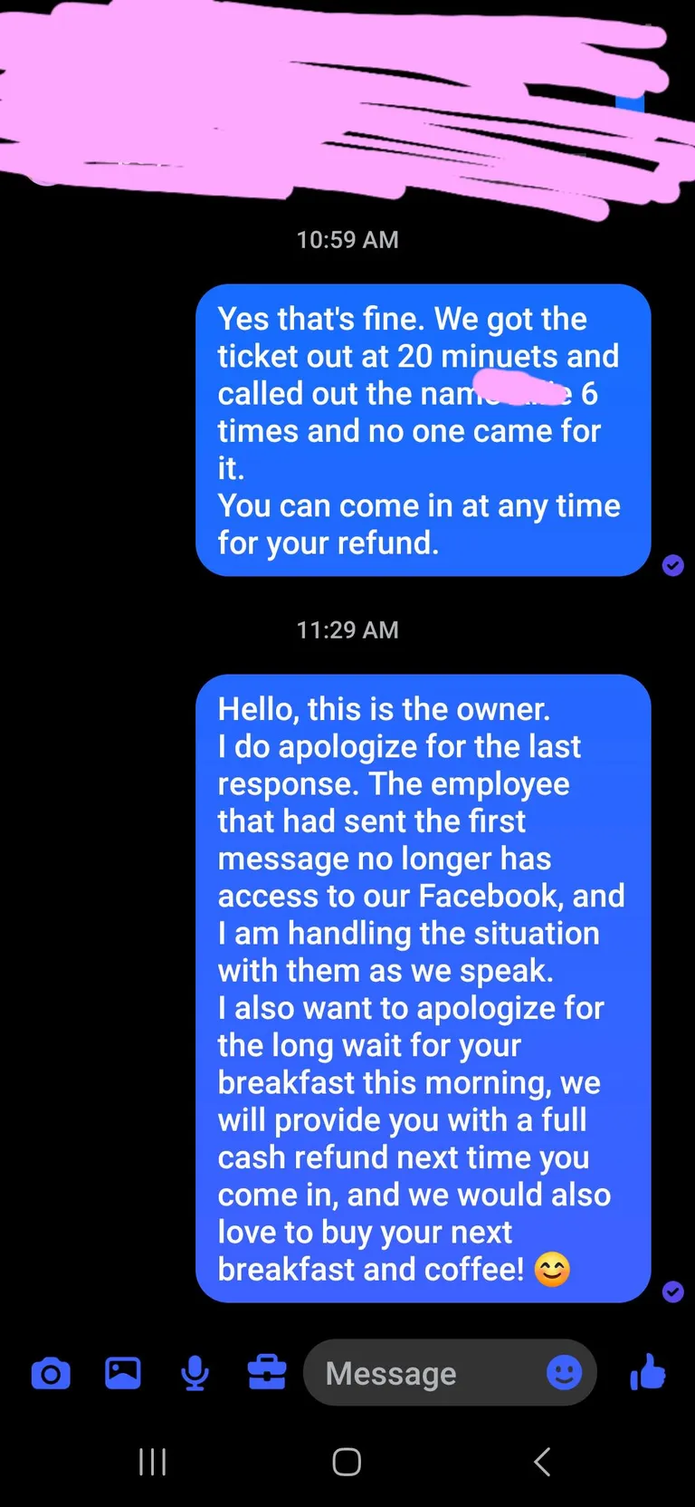 I'm the gm at a restaurant and our owner responded to a customer asking for a refund with these 2 messages.. she does this kinda thing all the time