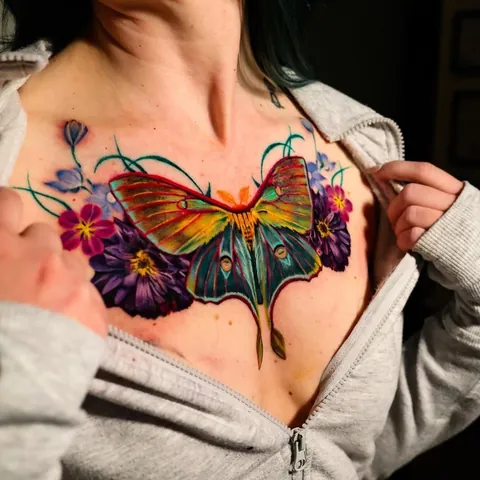 Lunar moth chest piece by @angel.antonio.tattoos, Black Atlas Studios – Chicago
