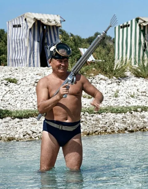 Yugoslav President Josip Broz Tito with his speargun on the Brijuni Islands in Istria, 1956.