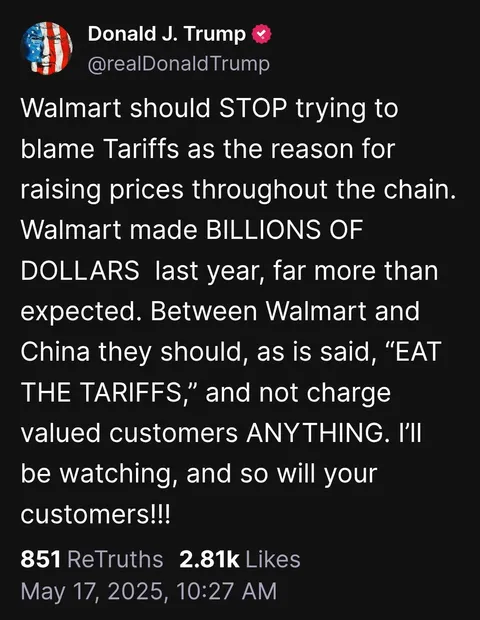 Walmart should "eat the tariffs" that aren't the reason of prices going up.🤦‍♀️