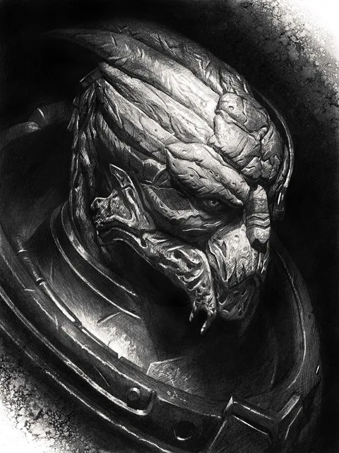 Here is my take on Garrus Vakarian.  Hand drawn in charcoal.