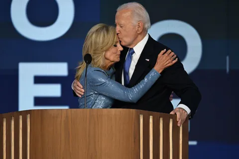 Biden embraces his wife, Jill, after his speech