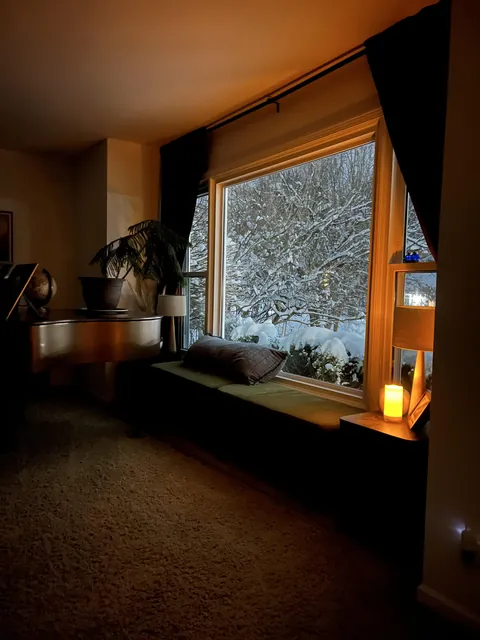 My formal living room (the cozy but unused space) with snow.