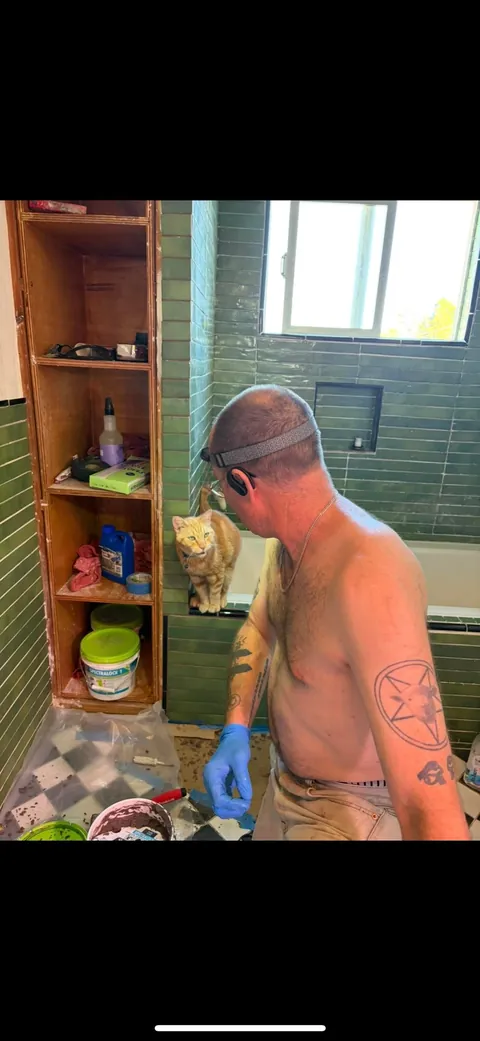 My husband and his cat remodeled our bathroom. He’s a tough foreman (the cat)