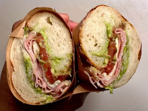 Mortadella, mozzarella, and avocado on [homemade] sandwich roll