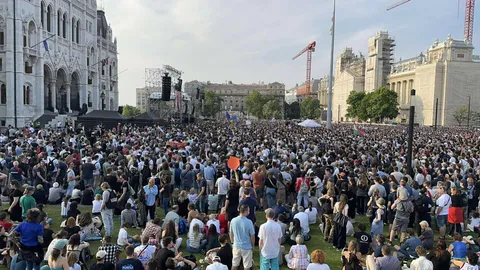 People at the protest of the "Civic Resistance Movement" Budapest, Hungary.