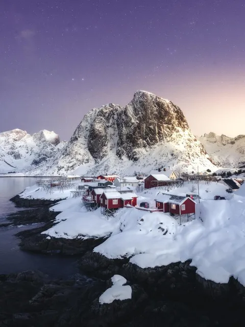 Sunrise above a fishing village in Norway