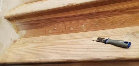 Carpeted pine stairs → sanded and stained wood (first woodworking project from start to finish)