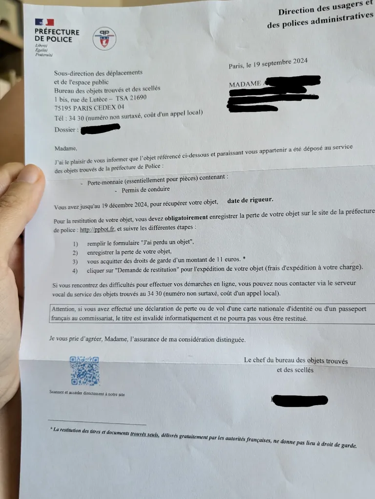 The paris police found my wallet and mailed me an overseas letter to tell me