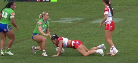 Canberra Raiders NRLW winger Isabella Waterman smashes Bobbi Law with a huge tackle