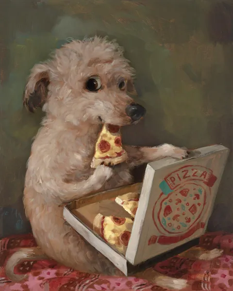 Pizza Lover (with Olives), Alison Friend, oil on panel, 2024