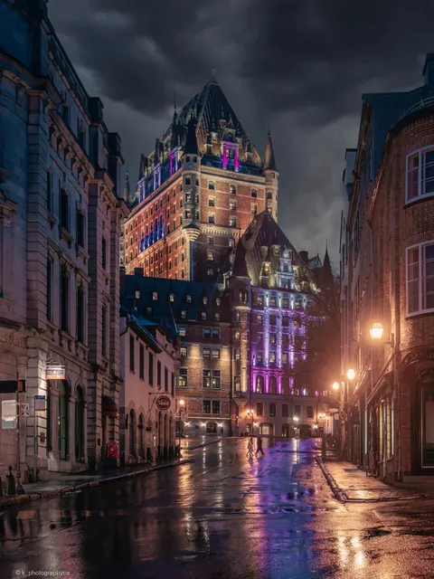 Illuminated Château Frontenac on a rainy October night, Quebec City, Quebec, Canada.