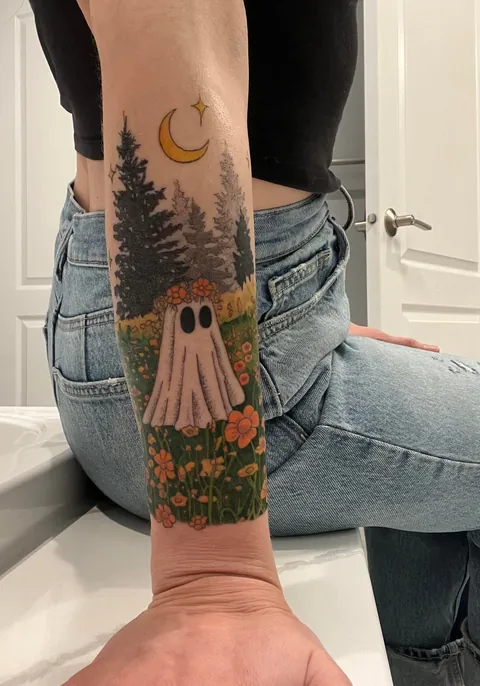 Flower ghost by Gina at Vintage Arts Tattoo in Nazareth, PA