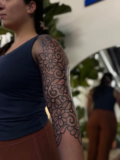 Start of an ornamental sleeve by Michelle Miller/Somewhere Good Tattoo/Pittsburgh, PA