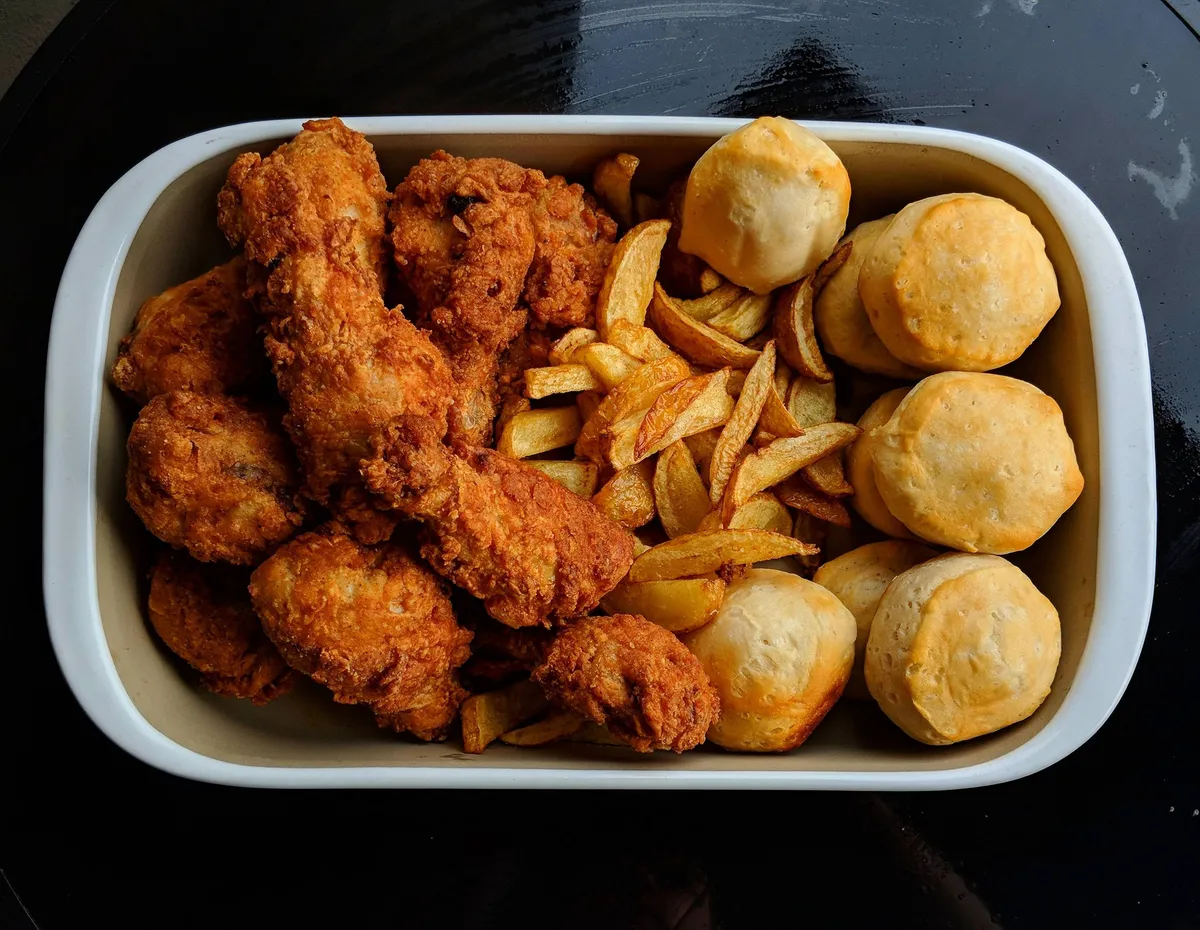 [Homemade] Fried Chicken w/ French Fries &amp; Southern Style Biscuits