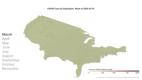 3D Map of COVID Cases by Population, March through Today [OC]