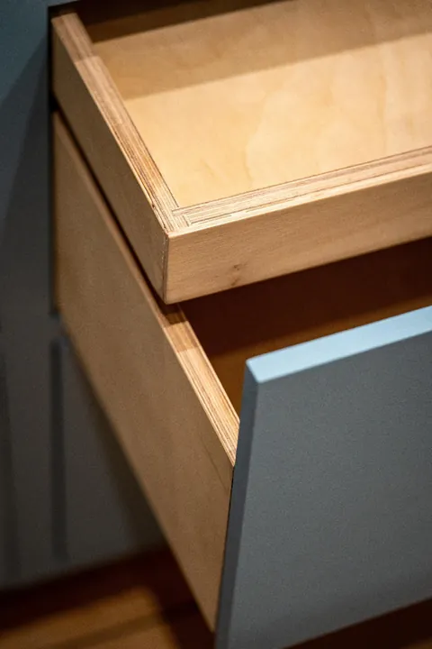 I decided to build my own kitchen completely from scratch instead of buying one. The cabinets and drawers are birch plywood, painted a light greige blue, and finished with a solid oak countertop. It’s still a work in progress, but I’m really excited about how it’s turning out so far.