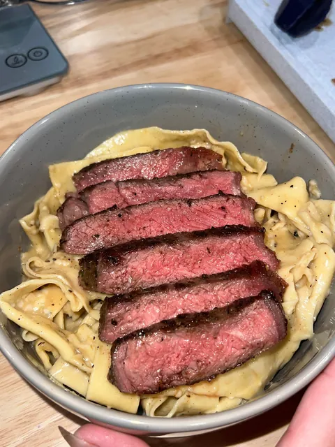 [homemade] carbonara w/ ny strip steak