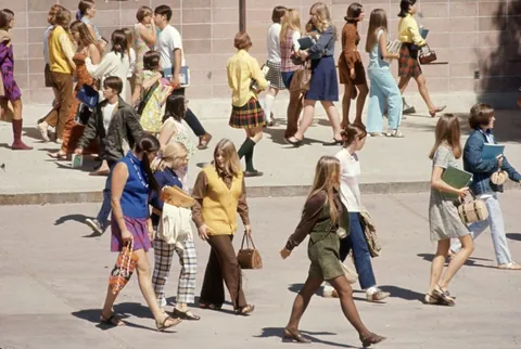 Students outside of  Beverly Hills High School, Beverly Hills California, 1969