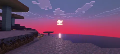 A sunset in the mushroom fields using vibrant visuals.