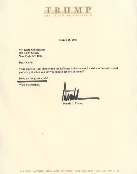 A letter Keith Olbermann received from Trump. So weird that signatures match