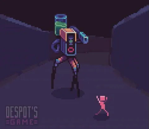 A human running away from a giant robot