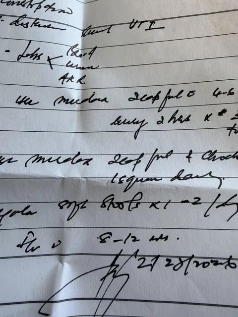 The doctor told me to stop taking notes on my phone bc he would write it all down.  His notes: