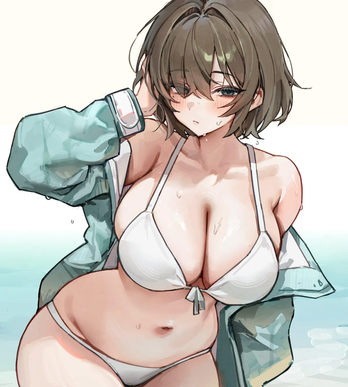Short haired beauty wearing a white swimsuit