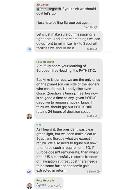 Le contenu entier des conversations Signal des USA sur les frappes au Yemen et la confirmation que leur but ultime est de nuire aux Européens