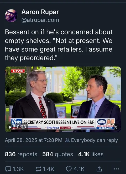 Bessent: “I assumed they preordered”? 😬