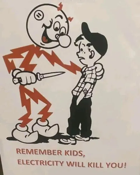 In the 1970s "Reddy Kilowat" was a cartoon character spokesman for the power industry that tried to teach children about the dangers of electricity. Here he is showing kids exactly that but using a knife.
