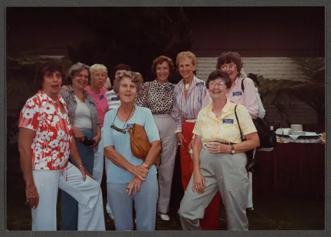 Photos of a group of WASP (Women Airforce Service Pilots) veterans posing together at their 1984 reunion in San Diego, CA